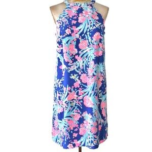 Lilly Pulitzer Pink Blue Ocean Floral Halter Sheath Beach Dress Lined Sz S NWOT